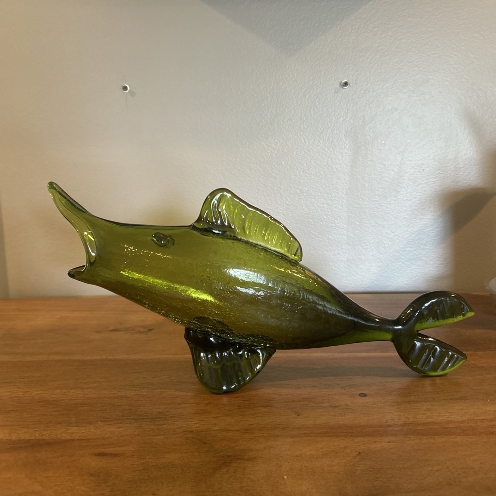 Vintage MCM Rainbow Art Glass 15" Fish Green Crackle 1960s W Virginia